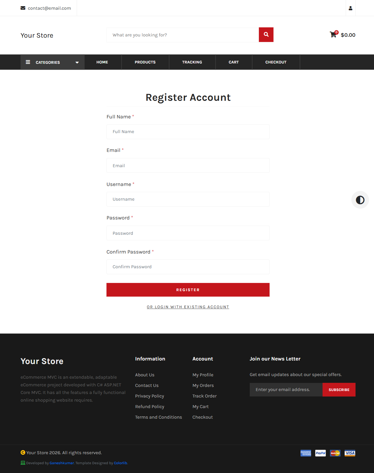 Registration form with Full Name, Email, Username, Password, and Confirm Password fields
