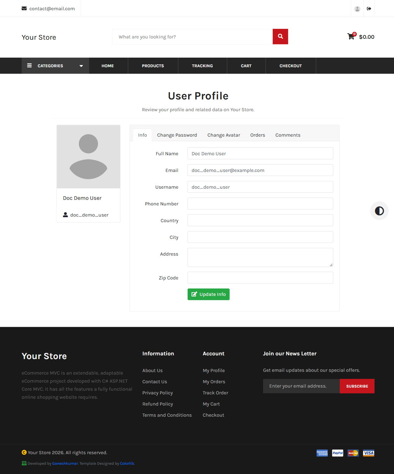 User profile page, Info tab, showing editable Full Name, Email, Username, Phone, Country, City, Address, Zip Code fields