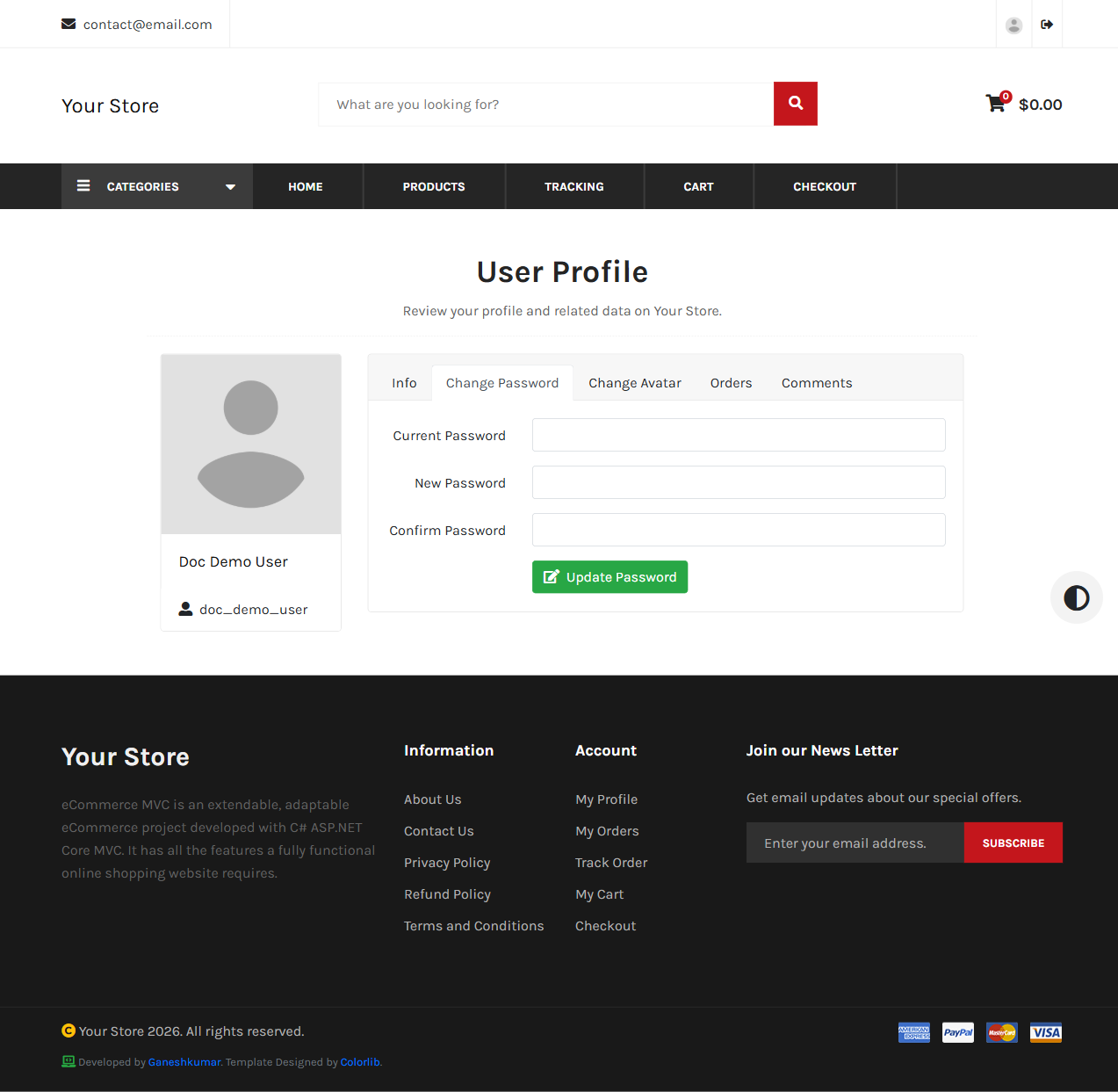 Change Password tab with Current Password, New Password, and Confirm Password fields