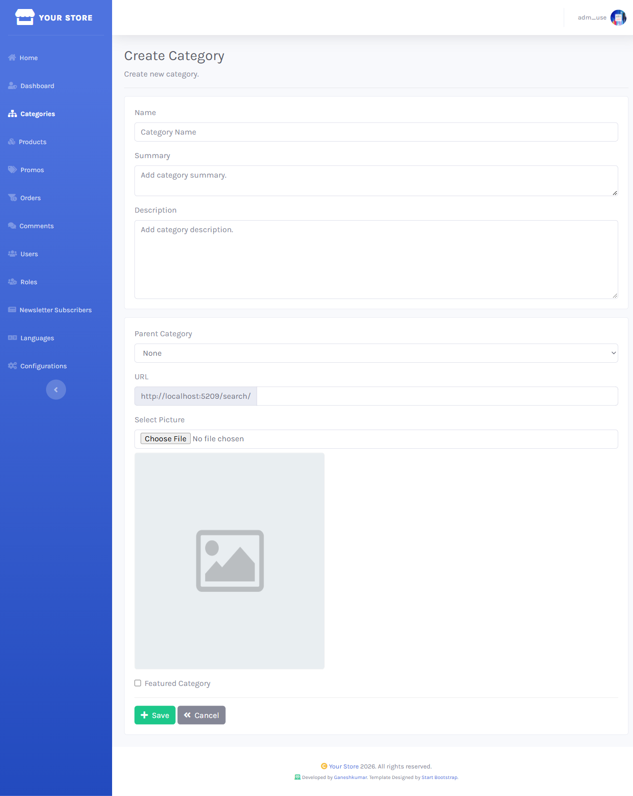 Create Category form with Name, Summary, Description, Parent Category, picture upload, and Featured Category checkbox