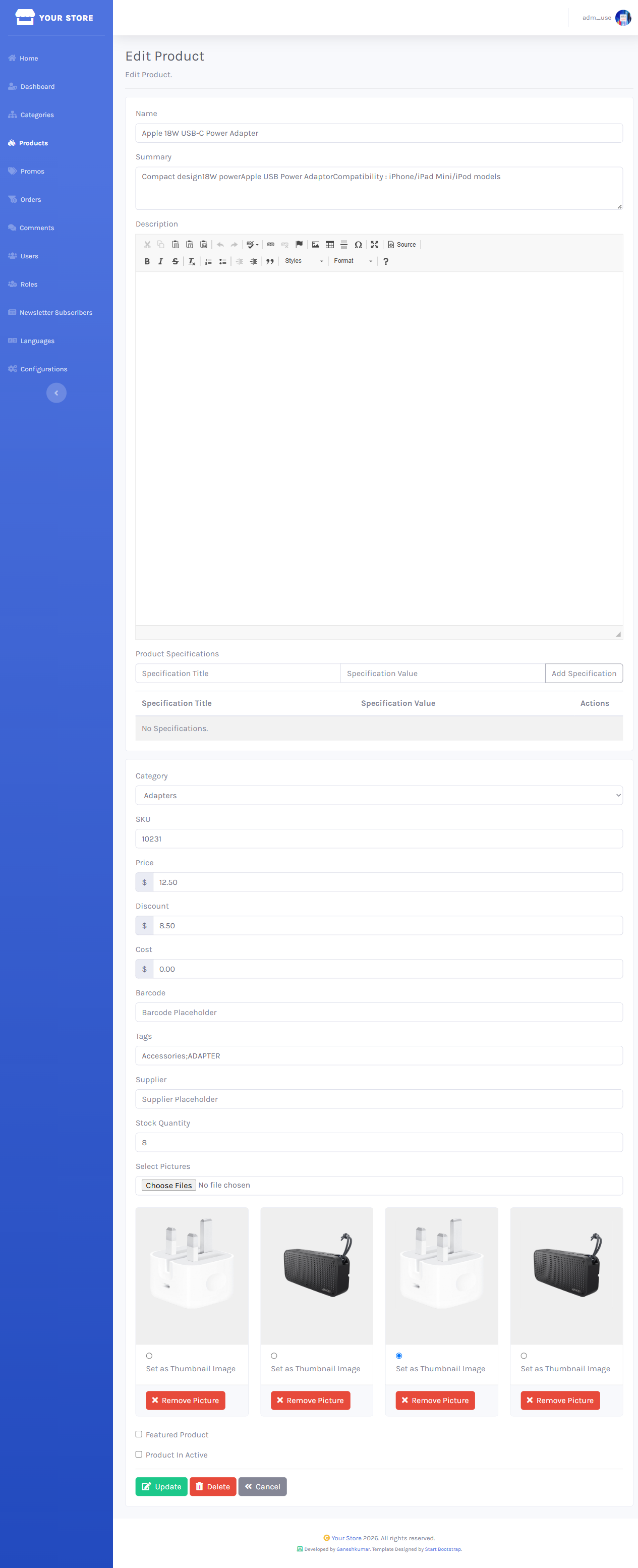 Edit Product form with pricing, stock, specifications, and picture management fields