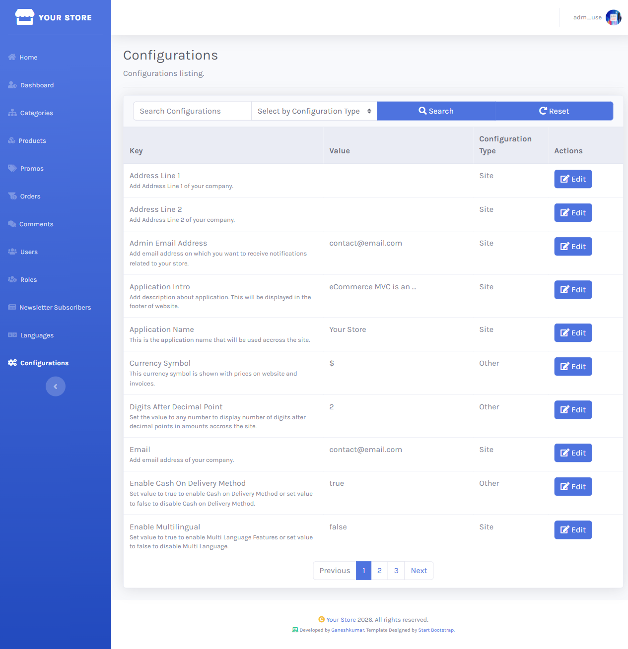 Configurations list in the Dashboard with a search box, type filter, and a table of keys, values, descriptions, and Edit actions
