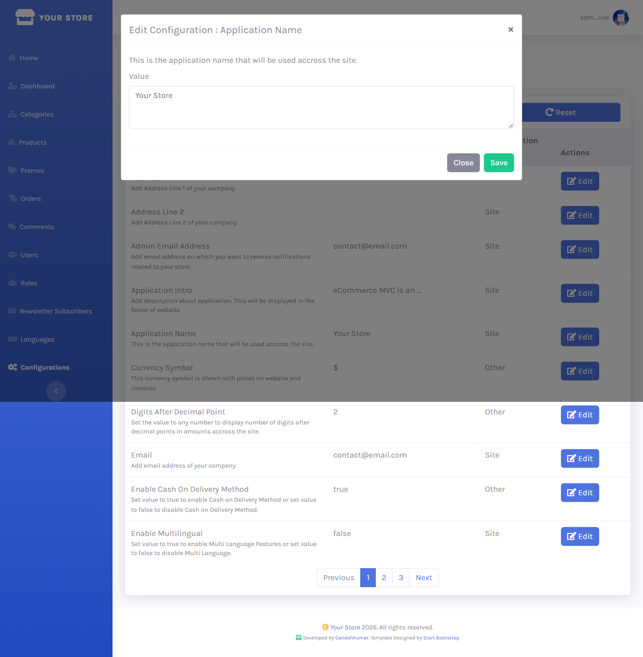 Edit configuration modal showing the key's description and an editable Value field with Save and Close buttons