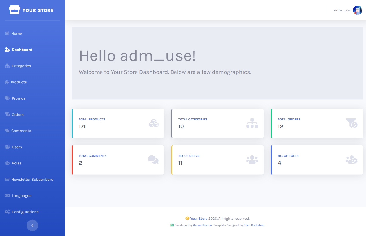 Dashboard home page with summary stat cards and the full sidebar navigation
