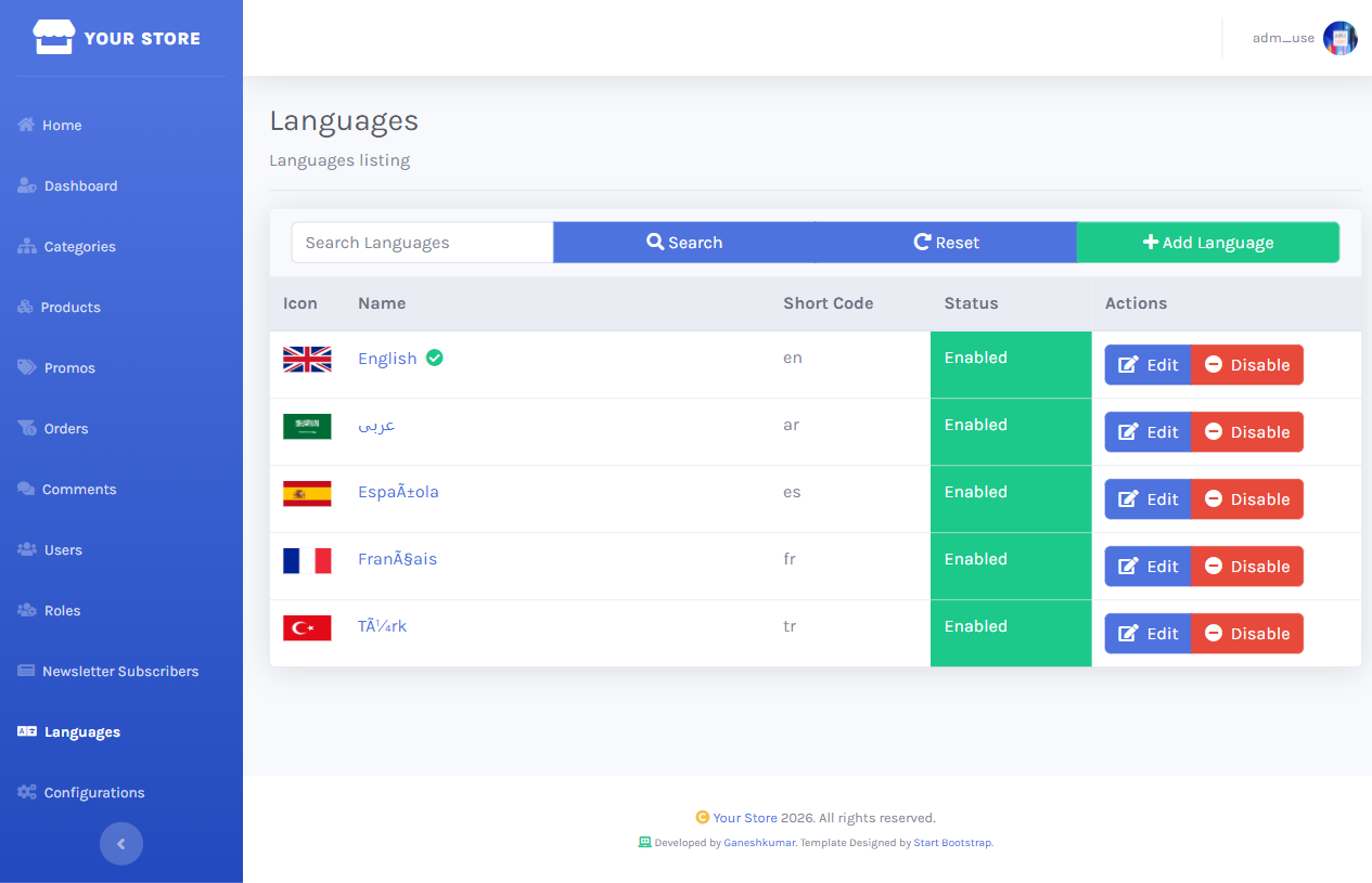 Languages list in the Dashboard showing English marked as the Default Site Language, with short code and Edit/Disable actions
