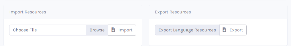 Import Resources and Export Resources panels on the language edit page