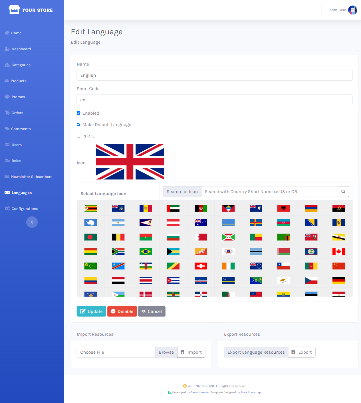 Edit Language form with name and short code fields and a table of flag icons to choose from