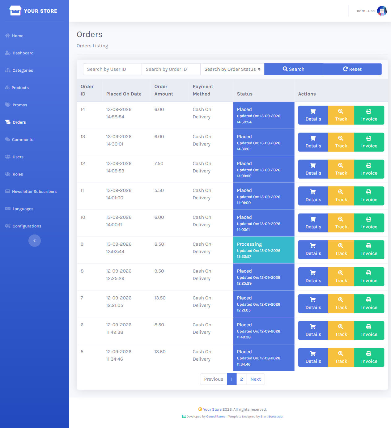 Orders list in the Dashboard with date, amount, payment method, status, and Details/Track/Invoice actions per row