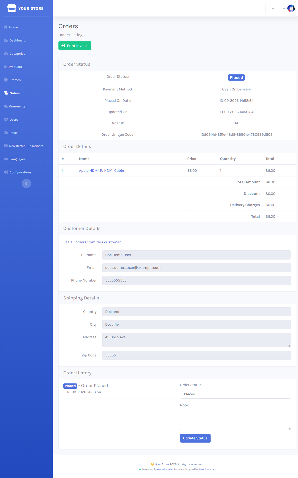Order details page with order items, contact and shipping details, and an Order Status update form with a Note field
