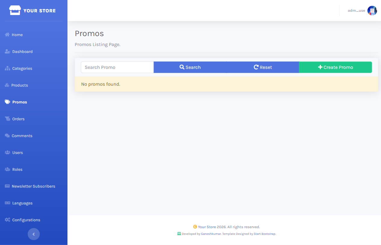 Promos list in the Dashboard showing code, value, and validity, with Edit/Delete actions