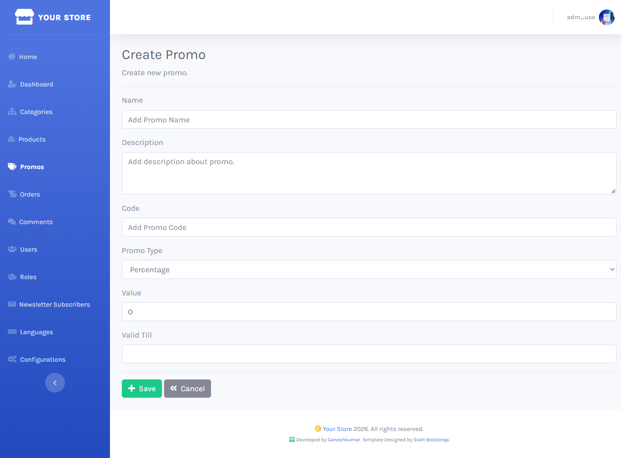 Create Promo form with Name, Description, Code, Promo Type, Value, and Valid Till fields