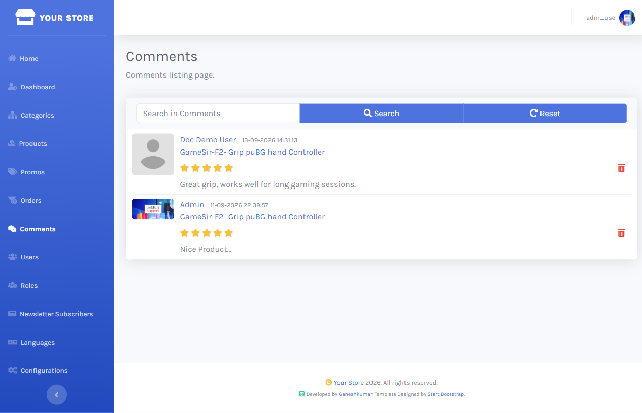 Comments moderation list in the Dashboard showing reviewer, product, rating, and comment text with a Delete action
