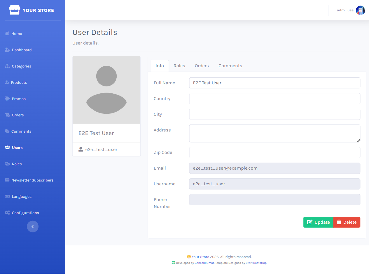 User details page showing a customer's profile information, orders, and comments