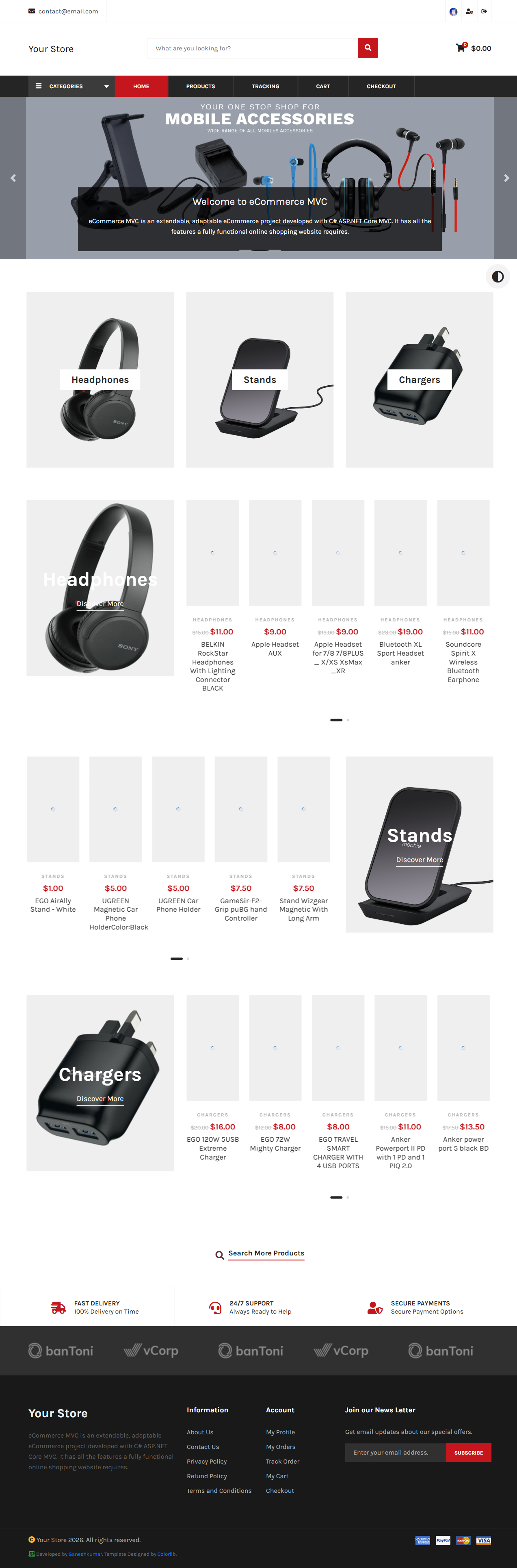 Storefront home page with hero slider, featured categories, and header navigation