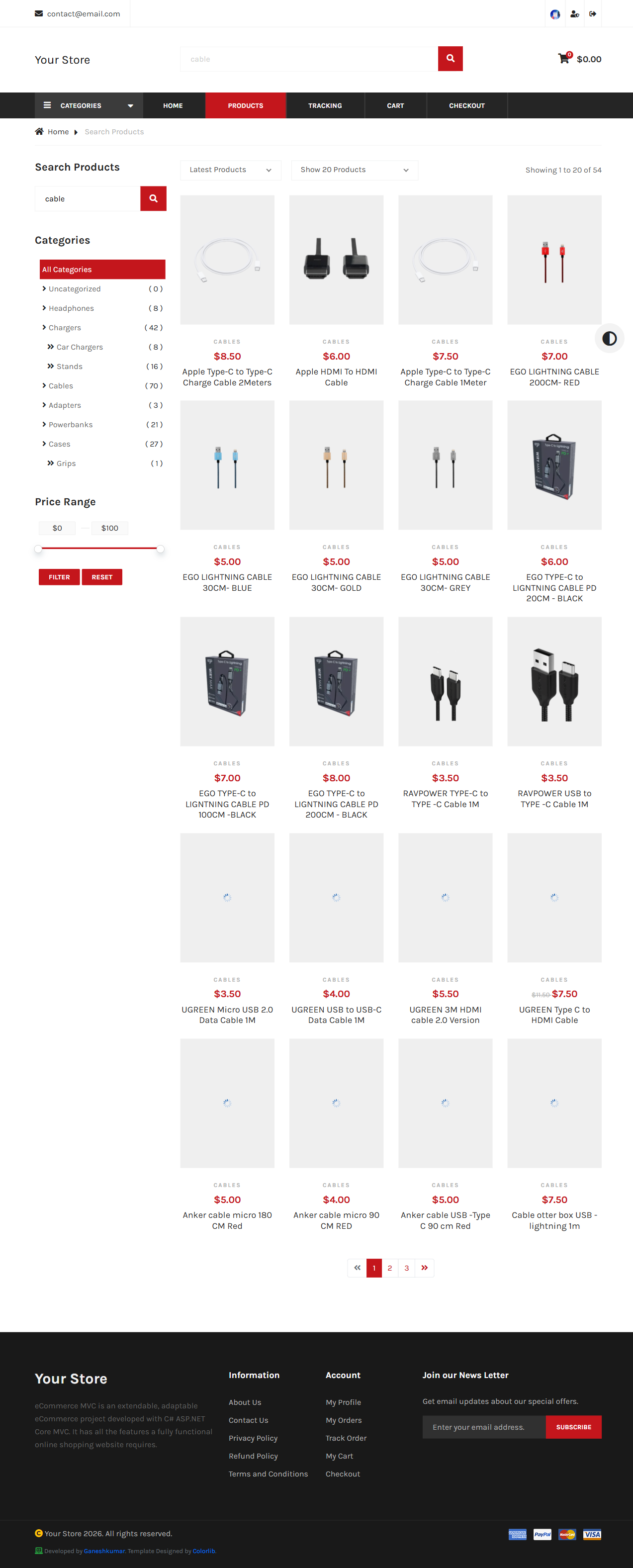 Search results page with category filter sidebar, sort and page-size controls, and a grid of matching products