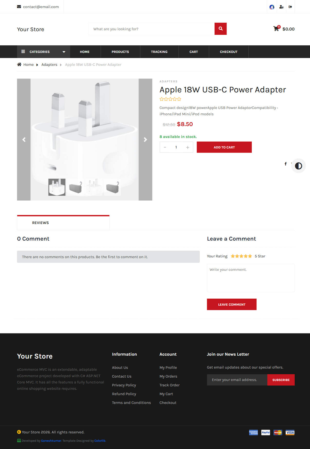 Product details page showing price, quantity selector, add to cart button, and product description