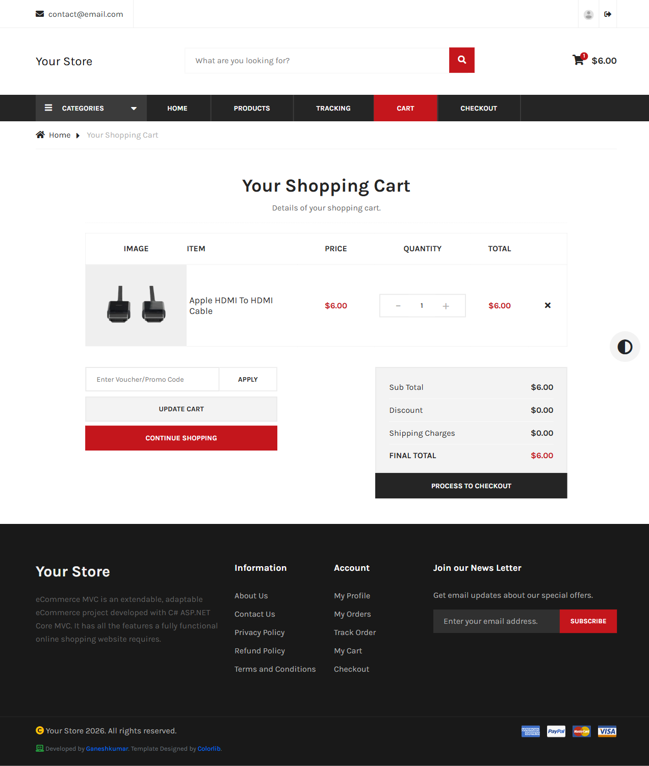 Shopping cart page listing one item with quantity controls and order total