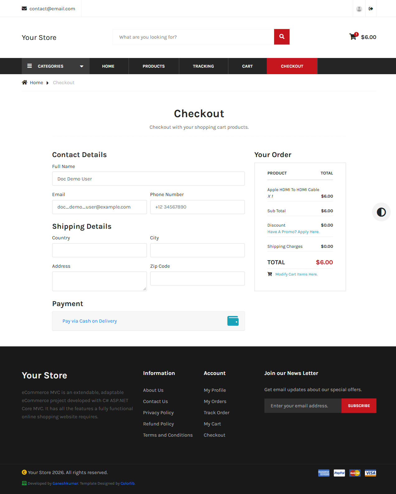 Checkout page with Contact Details, Shipping Details, and Payment sections, plus an order summary