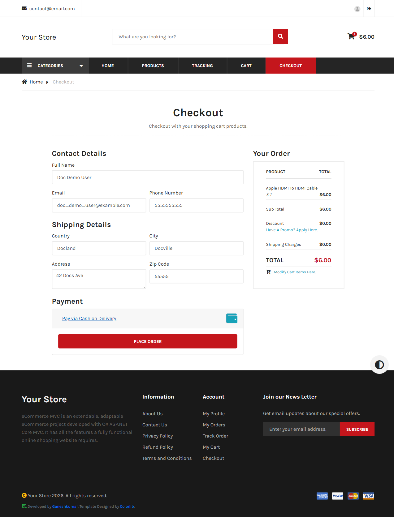 Checkout page with shipping details filled in and the Cash on Delivery payment section expanded showing a Place Order button