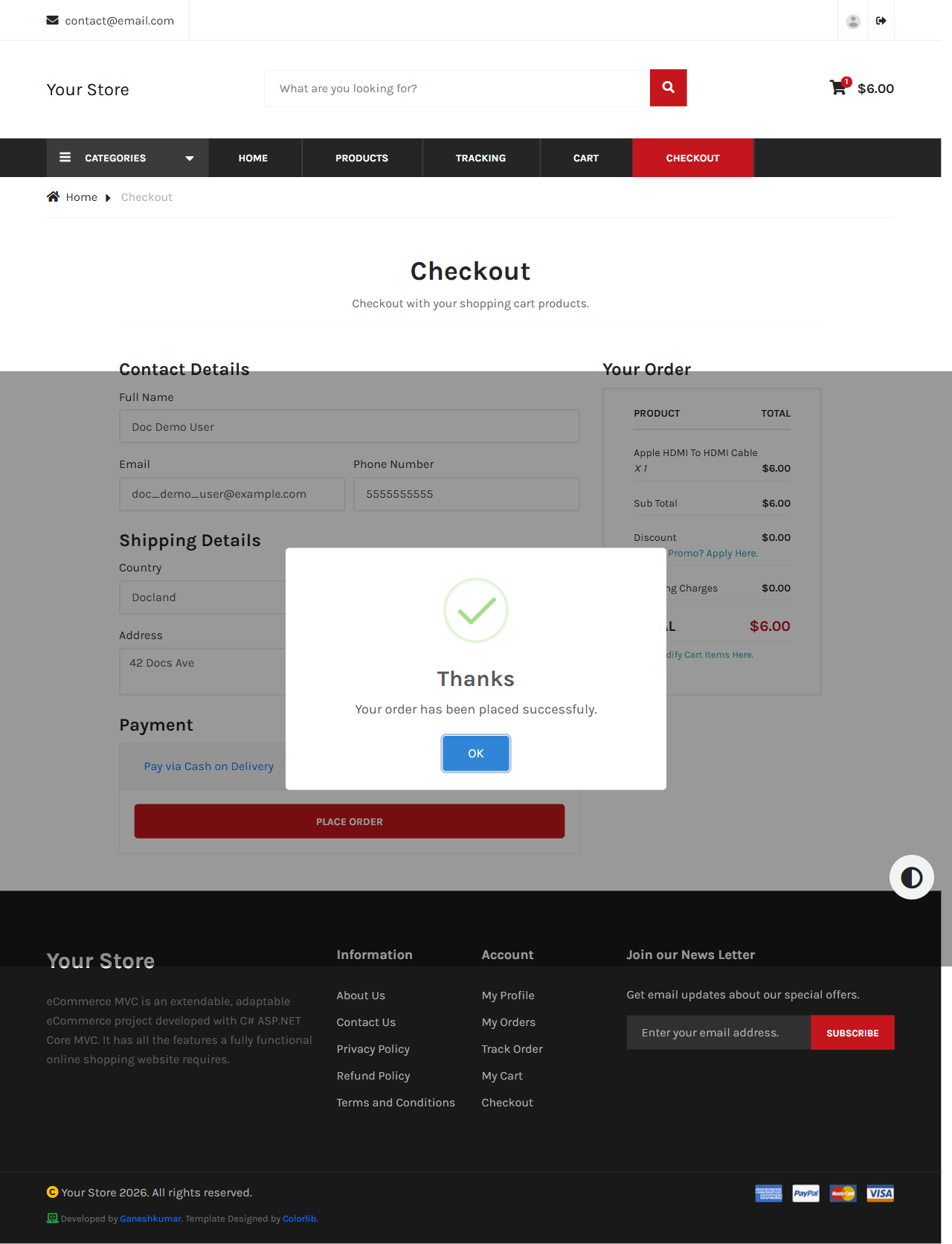 Order placed confirmation dialog reading Your order has been placed successfully