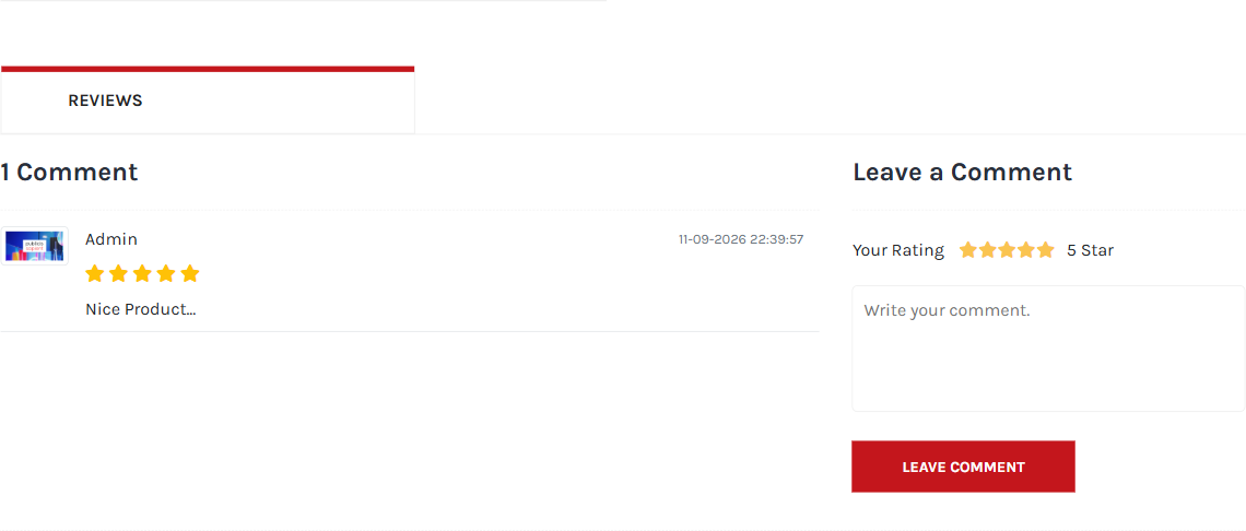 Product Reviews tab showing an existing 5-star comment and a Leave a Comment form