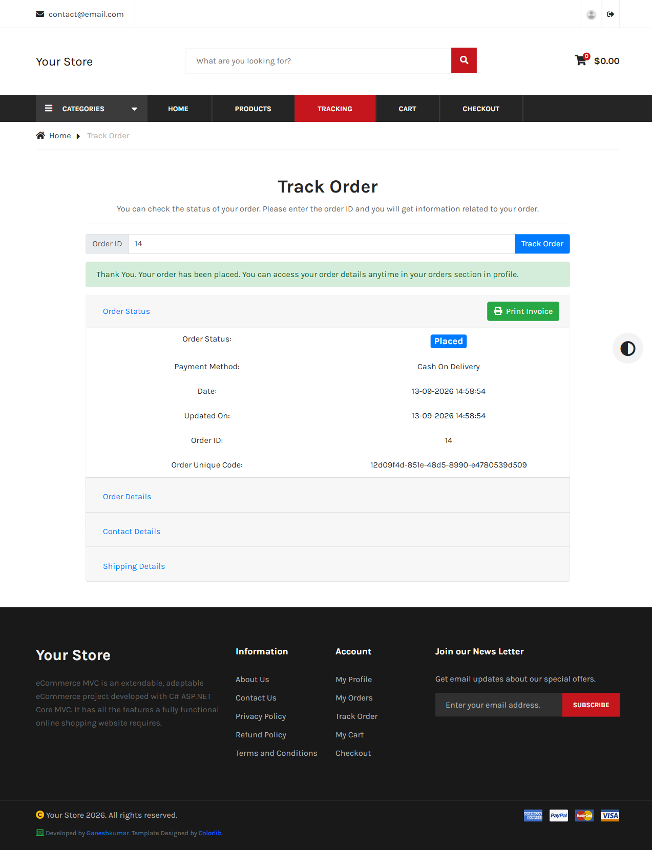 Order tracking result showing status Placed, payment method Cash On Delivery, order items, and shipping details