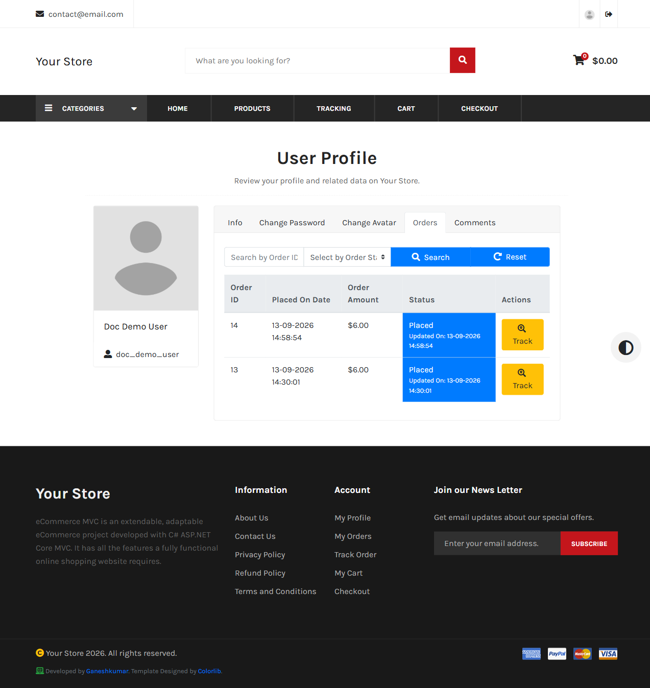 My Orders tab on the user profile page, listing orders with Order ID, date, amount, status, and a Track action