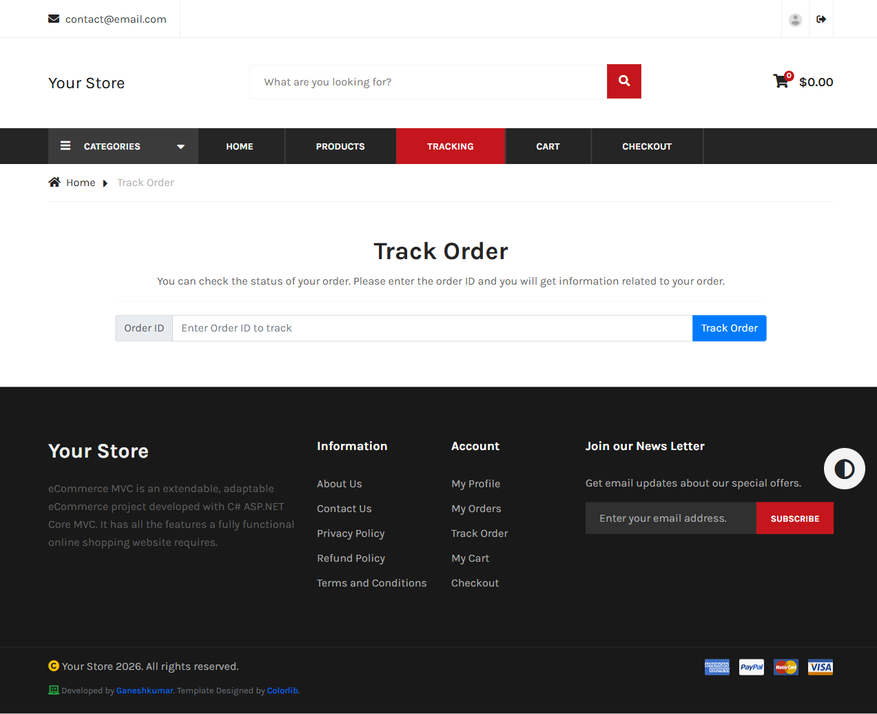 Track Order page with an empty Order ID field and a Track Order button